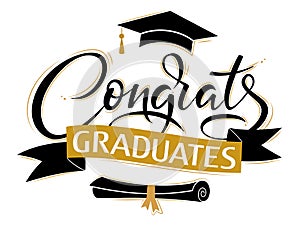 Congrats Graduates. Greeting lettering sign with academic cap and diploma. Congratulating vector banner for graduation party,