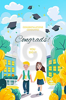 Congrats graduates, vector illustration. Cartoon flat boy and girl students characters celebrating graduation, going