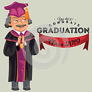 Congrats graduation class 2019 colorful fat poster. Caucasian professor congratulating graduates vector illustration.