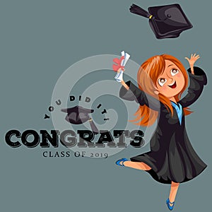 Congrats graduation class of 2018 flat colorful poster. Happy girl alumnus holding diploma in hands and jumping for joy photo