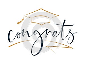 Congrats Greeting sign with academic cap. Congrats Graduates. Congratulating vector banner for graduation party, prom,