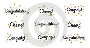 Congrats lettering. Congratulation text labels, cheers sign decorated with golden burst and stars and congratulations