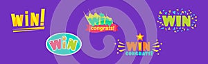 Congrats and Win Congratulation Banner Bright Vector Set