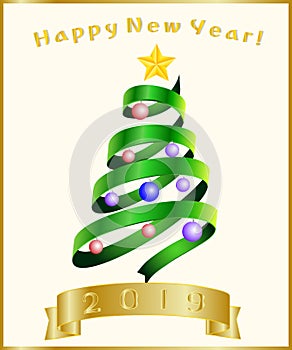 Congratulation, banner, card with the New Year 2019. Beautiful ribbon in the shape of a New Year tree with a golden five-pointed s