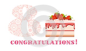 Congratulations, 8 years old, strawberry cake, English, white, pink, vector.