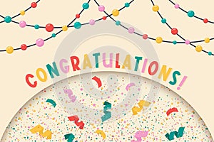 Congratulations banner. Colorful festive template with light, confetti, greeting lettering. Vector flat illustration for birthday