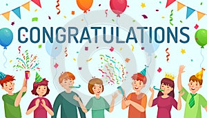 Congratulations card. Happy people congratulate you, team celebrate together cartoon vector illustration