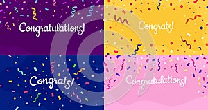 Congratulations confetti banner. Congrats card with color confetti, congratulation lettering banners vector set