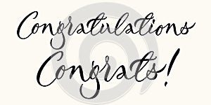 Congratulations and Congrats - two calligraphic inscriptions on light background. Vector.