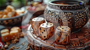 Congratulations on EID MUBARAK. Closeup of the wooden dice.