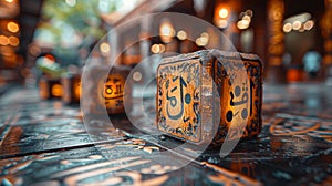 Congratulations on EID MUBARAK made of wooden dice. Close-up.