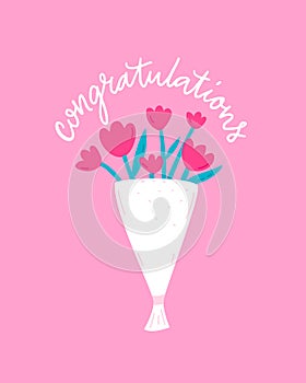 Congratulations flowers greeting card, bouquet illustration with curly handwritten text on pink background. Birthday