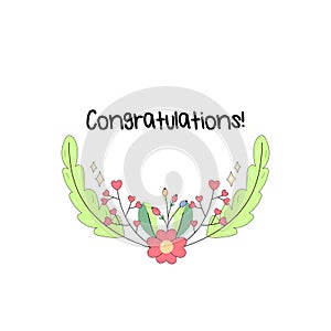Congratulations frame, with flowers, plants and maple moth, butterfly insects. on white background