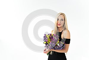 Congratulations girls, women with flowers for the holiday of March 8. Birthday, holiday, office, concept, congratulations, busines