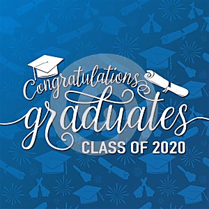 Congratulations graduates 2020 class of vector illustration on seamless grad background, white sign for the graduation