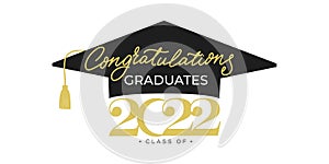 Congratulations graduates banner with cap and golden confetti and design elements. Class of 2022.Vector illustration