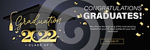 Congratulations graduates banner concept. Class of 2022. Graduation design template for websites, social media, blogs, greeting