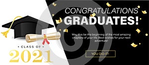 Congratulations graduates banner concept. Class of 2021. Graduation design template for websites, social media, blogs, greeting photo