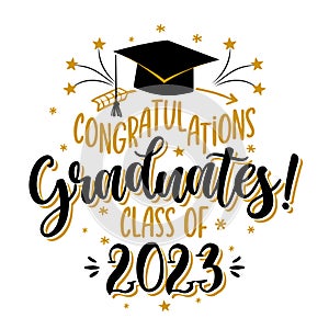 Congratulations Graduates Class of 2023 - badge design template in black and gold colors.