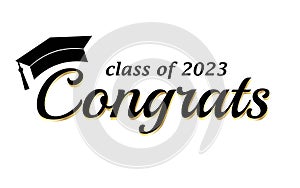 Congratulations graduates class of 2023, black text, gold, graduation cap, isolated white background, banner, card