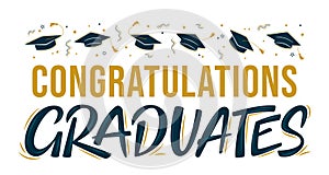 Congratulations Graduates. Greeting lettering sign with flying academic caps. Congratulating vector banner for graduation party,