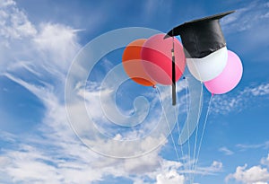 congratulations graduates on top of Balloons with blue sky background.