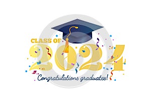 Congratulations graduates vector illustration. Class of 2024 trendy design template with graduation cap and colorful confetti