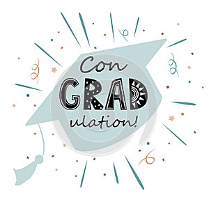Congratulations on graduation, graduate cap with congradulation lettering in Scandinavian style. Greeting card for