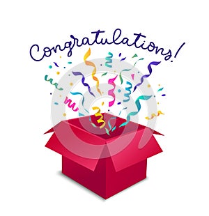 Congratulations greeting card with open gift box, ribbons and confetti isolated on white backgrounds. Vector gift concept.