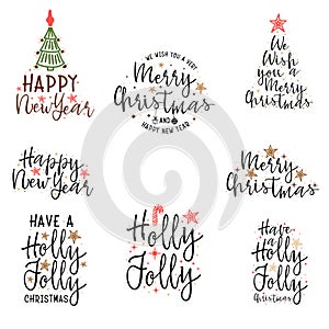 Congratulations Happy New Year and Merry Christmas, calligraphy for cards, posters and covers