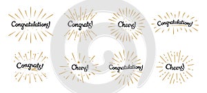 Congratulations lettering. Congrats label, cheers celebration and congratulation text badges with golden burst vector