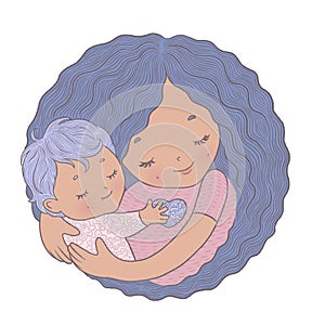 Congratulations on mother`s day, hugging mother and baby, colored hair