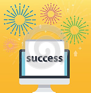 Congratulations pop up on screen computer and yellow background, successful business concept illustration