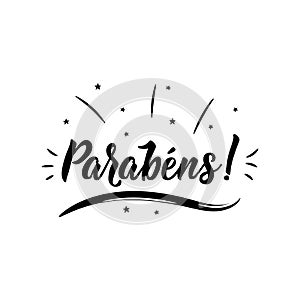 Congratulations in Portuguese. Ink illustration with hand-drawn lettering. Parabens