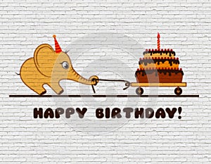 Congratulations to the happy birthday for a child. Graffiti on a white brick wall. Cartoon elephant calf with cake and one candle