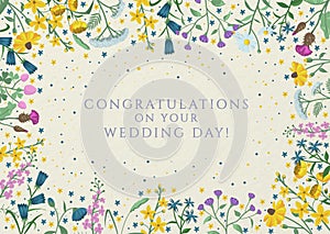 Congratulations on your wedding day card- pretty dainty floral wildflowers botanical- blue and yellow vector illustration