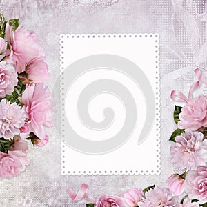 Congratulatory background with a card with space for text or photos and border pink roses