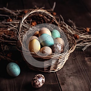 Congratulatory Easter background. Easter eggs in a wicker basket on a wooden table.