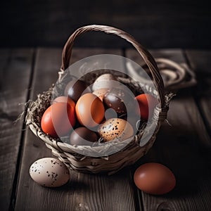 Congratulatory Easter background. Easter eggs in a wicker basket on a wooden table.