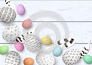 Congratulatory easter on white shabby wooden background. Easter colorful eggs with different simple doodle ornaments and