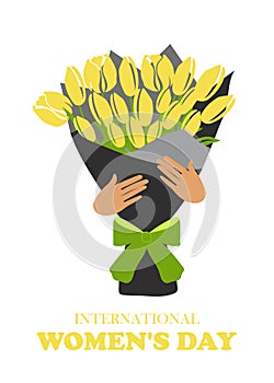 Congratulatory spring card. Bouquet of yellow tulips in kraft gray paper with a bow in hands for printing on cups, clothes, notebo