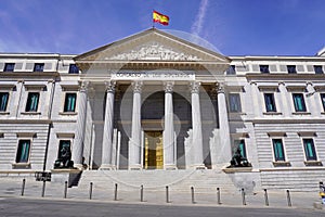 Congreso de los Deputados Historic Building from Plaza Cortez of Madrid City. Spain