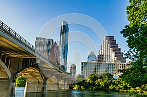 Congress Avenue Bats Bridge and skyscrapers in Austin TX