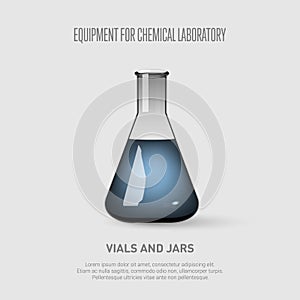 A conical flask with blue liquid. Equipment for chemical laboratory. Transparent glass flask Vector illustration