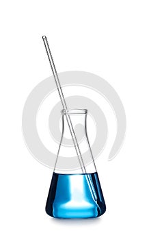Conical flask with blue liquid isolated . Laboratory glassware