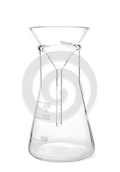 Conical flask and filter funnel on white background
