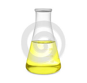 Conical flask with yellow liquid on white