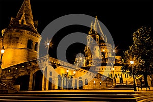 The conical towers of the Fisherman`s Bastion in  Budapest at night