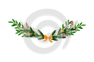 Coniferous Branches Arranged with Berry Twigs and Bow Semicircular Vector Illustration