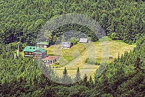 Coniferous forest and cottage from Hrb hill, Vepor, Slovakia